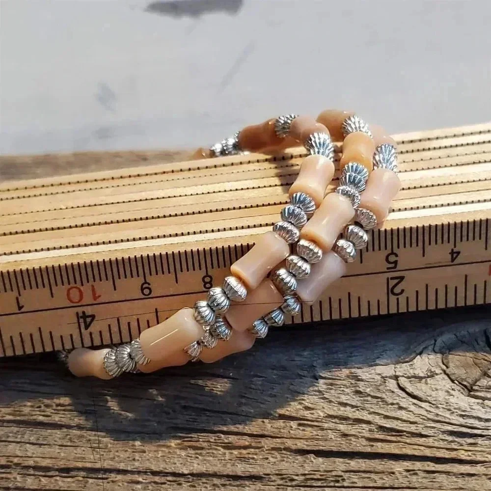 Cat's Eye Glass Vintage Beads Light Peach Pink Memory Wire Wrap Bangle Bracelet